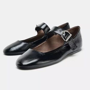 NWT ZARA LEATHER BUCKLE BALLET FLATS in BLACK size 39 /9